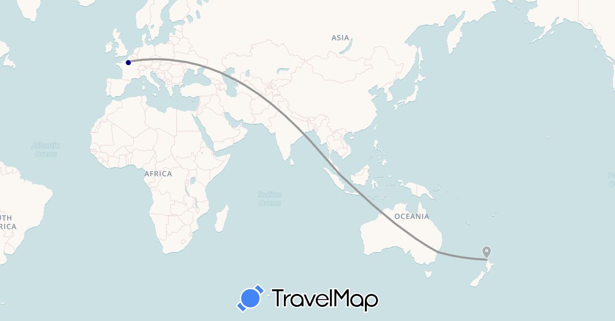 TravelMap itinerary: driving, plane in Australia, France, New Zealand, Singapore (Asia, Europe, Oceania)